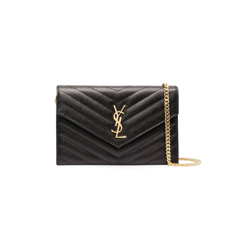 Saint Laurent Chain-strap YSL-plaque grained-leather wallet